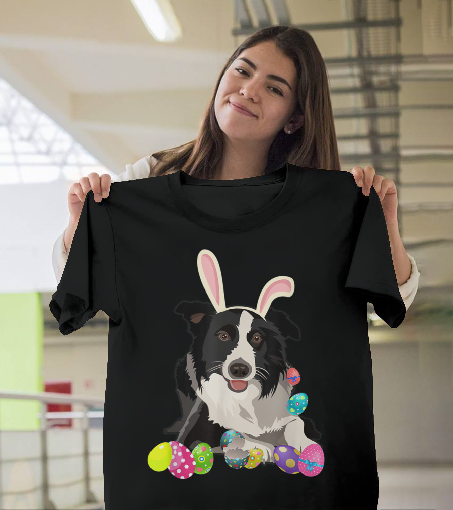 Border Collie Dog in Bunny Rabbit Hat with Colorful Easter Eggs T-Shirt