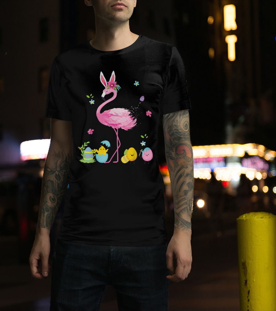Easter Flamingo With Bunny Ears And Colorful Eggs T-Shirt