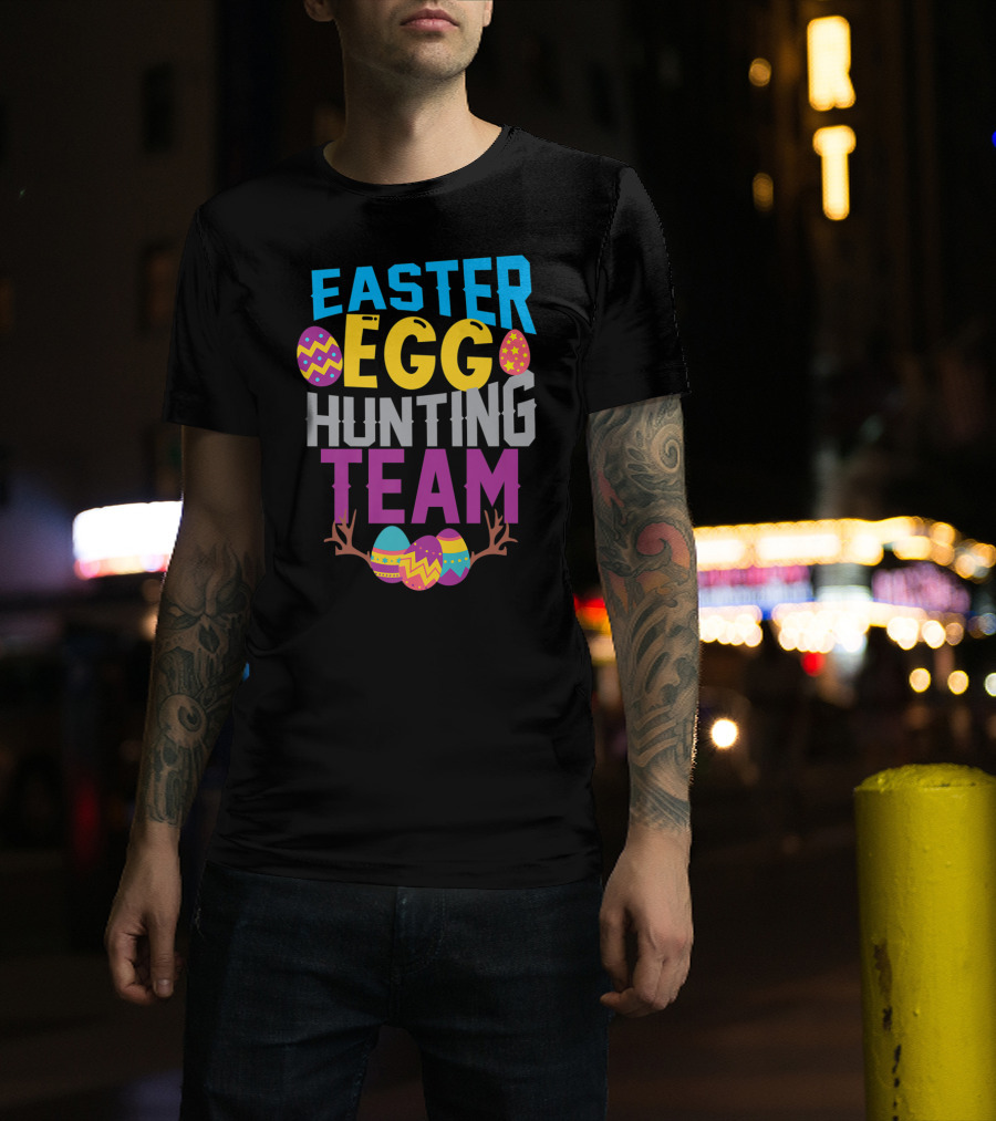 Easter Egg Hunting Team With Colorful Eggs And Antlers T-Shirt
