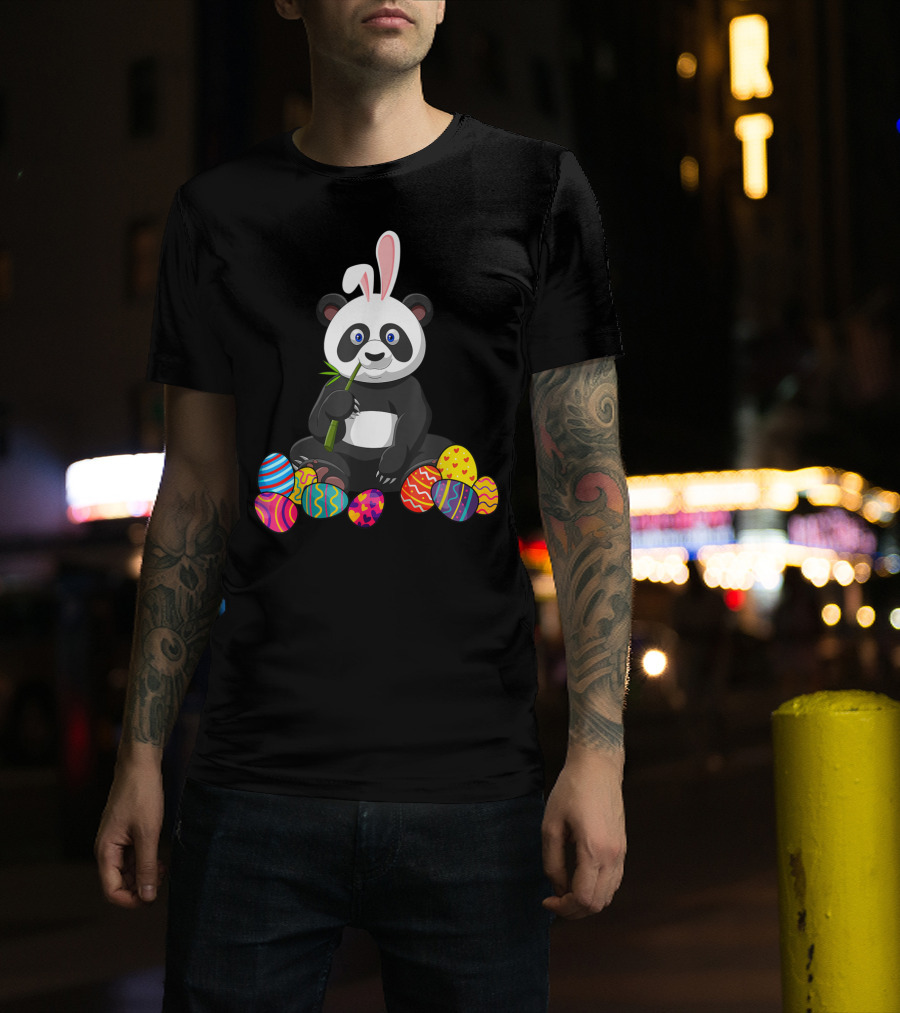 Panda Bunny Ear Eating Bamboo With Colorful Easter Eggs T-Shirt