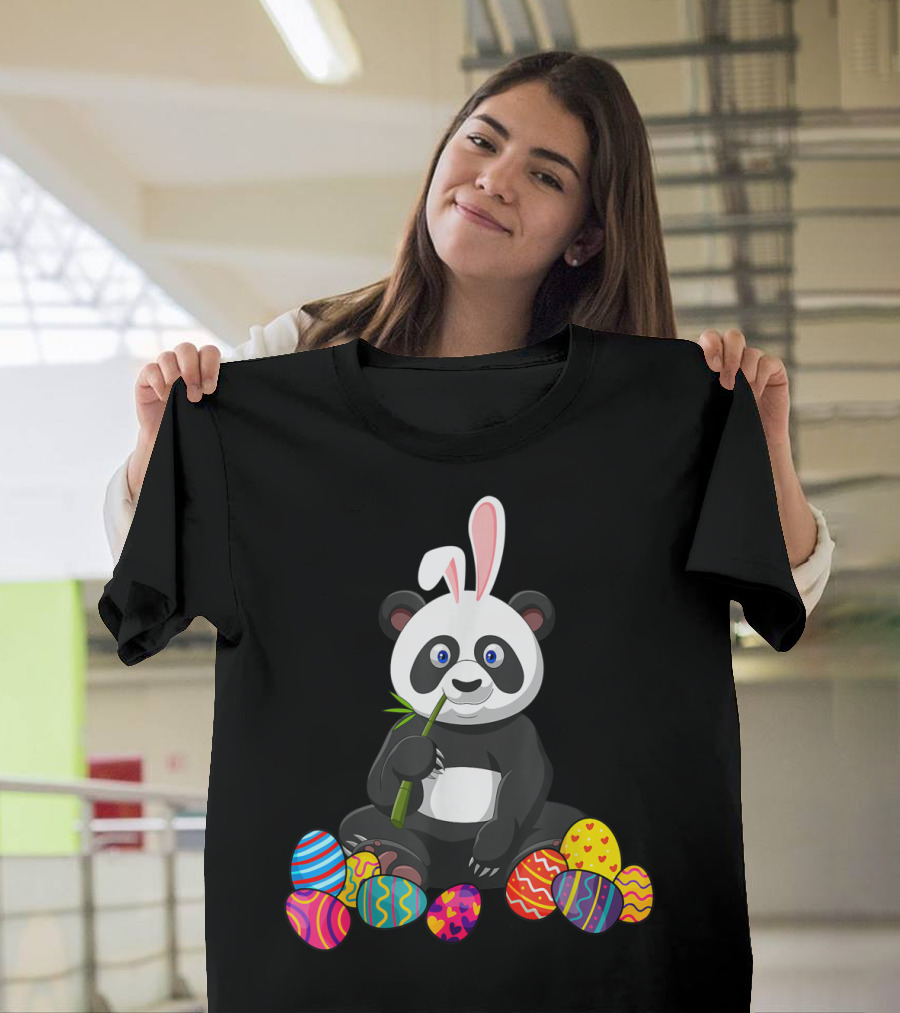 Panda Bunny Ear Eating Bamboo With Colorful Easter Eggs T-Shirt