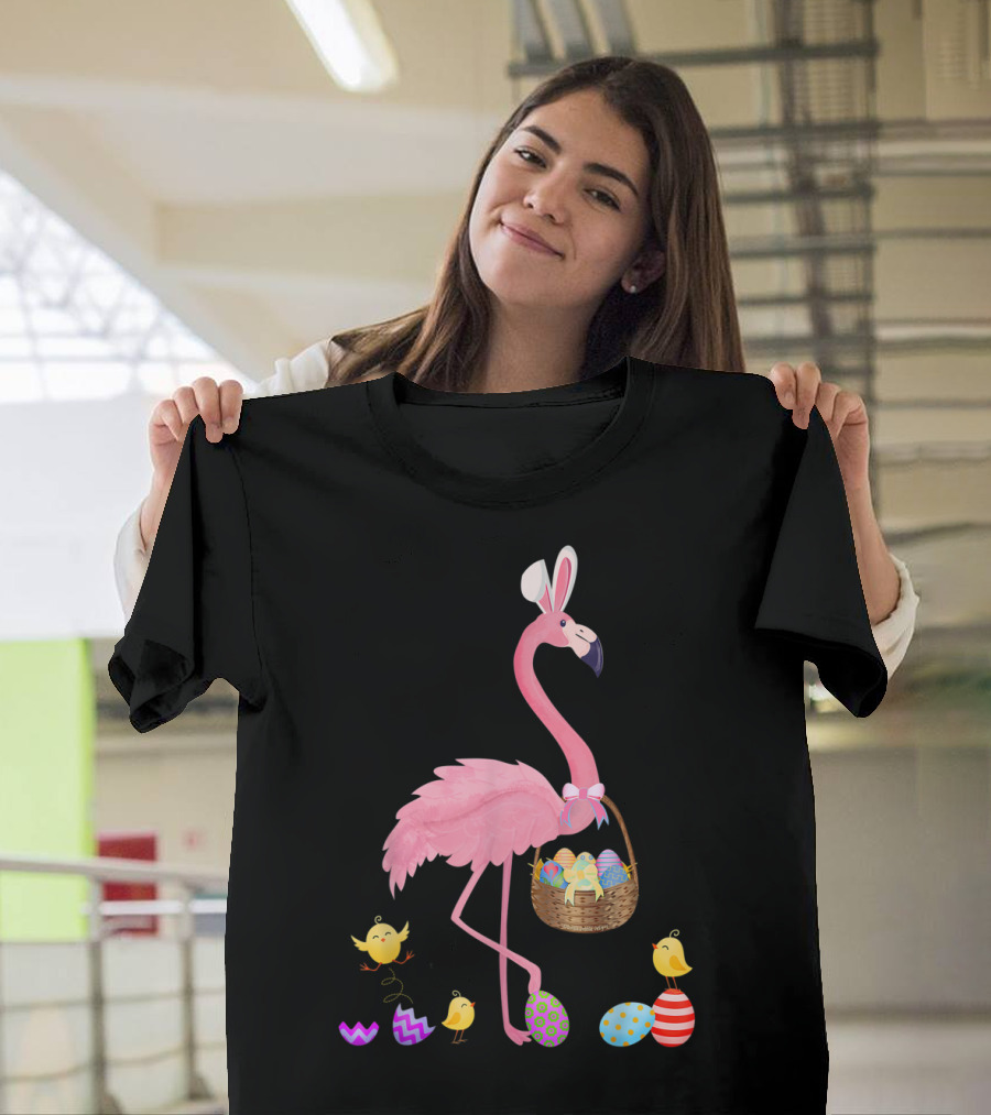 Pretty Easter Flamingo With Basket And Colorful Eggs T-Shirt