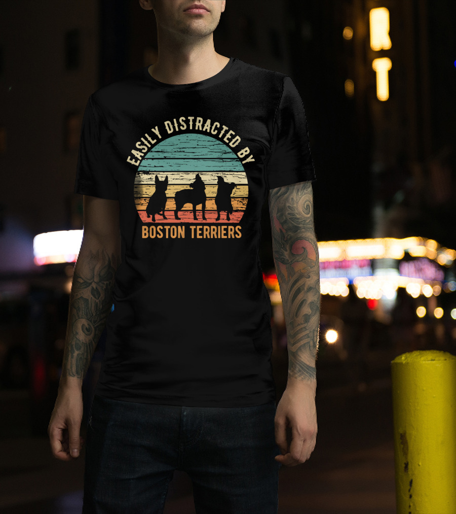 Easily Distracted By Boston Terriers Vintage Sunset T-Shirt