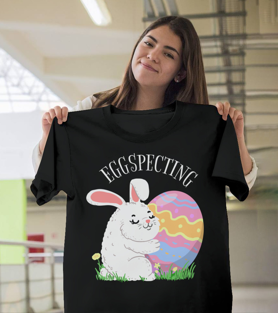 Eggspecting Easter Bunny Hugging Colorful Egg Pregnancy Announcement T-Shirt