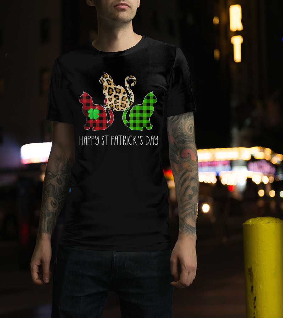 Happy St Patrick’s Day Leopard Buffalo Plaid Cat Trio T-Shirt