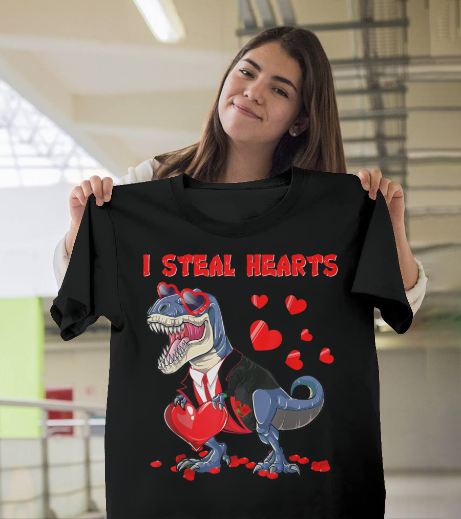 I Steal Hearts Valentines Day Dinosaur In Tuxedo With Hearts T-Shirt