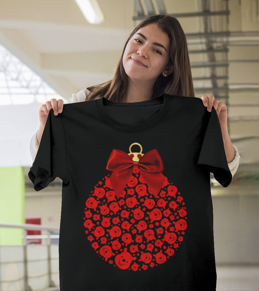 Merry Christmas Cute Dog Faces in Red Ornament with Bow Holiday Animals T-Shirt