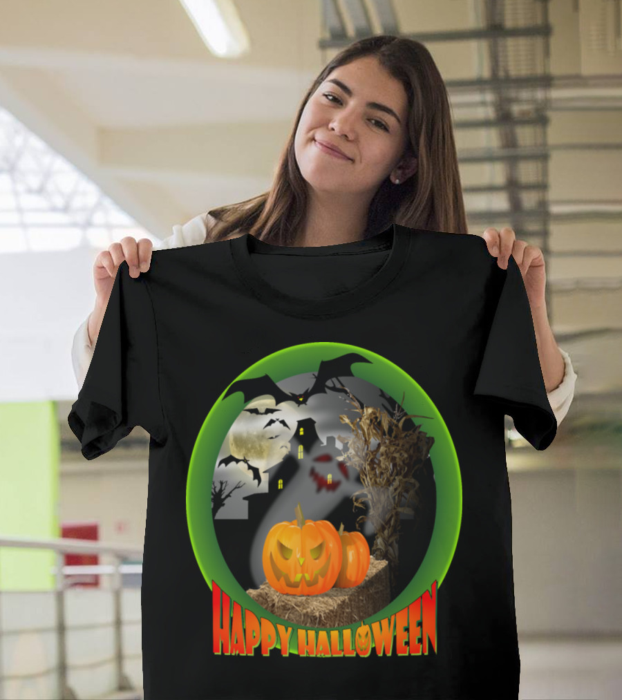 Happy Halloween Ghost Pumpkin House Bat Full Moon Scene T-Shirt