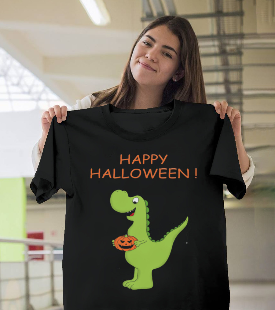 Happy Halloween Dinosaur with Pumpkin and Spider T-Shirt