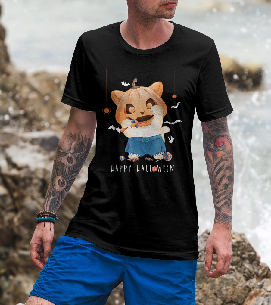 Happy Halloween Pumpkin Cat With Candy And Bats T-Shirt