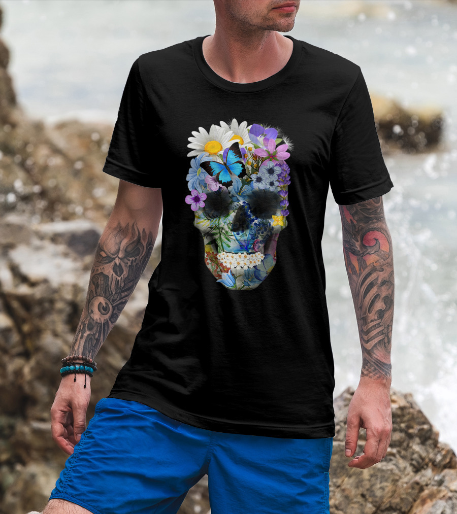 Halloween Floral Sugar Skull With Colorful Flowers And Butterfly T-Shirt