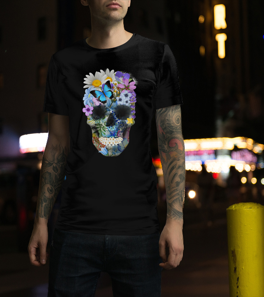 Halloween Floral Sugar Skull With Colorful Flowers And Butterfly T-Shirt
