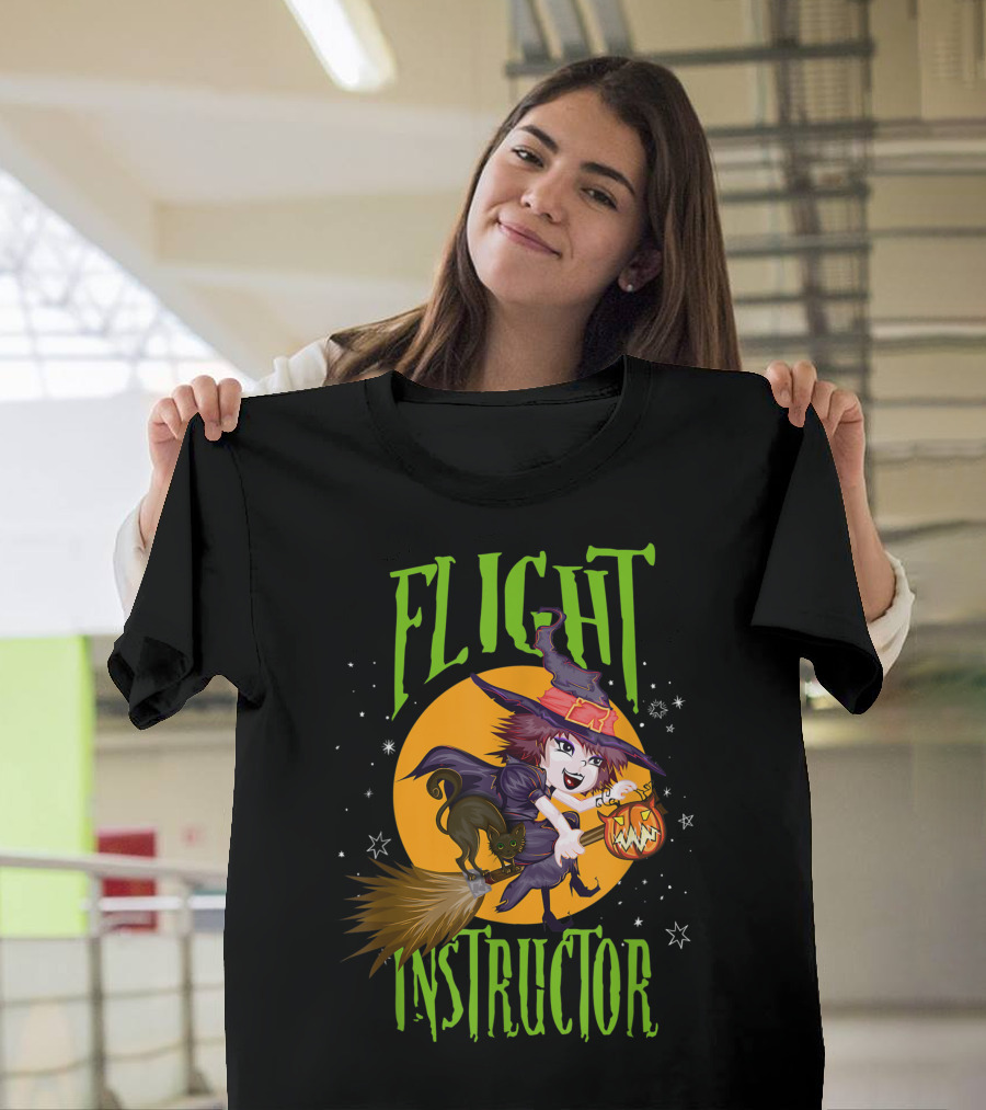 Flight Instructor Witch Broomstick Halloween Cat And Pumpkin Magic Stars T-Shirt