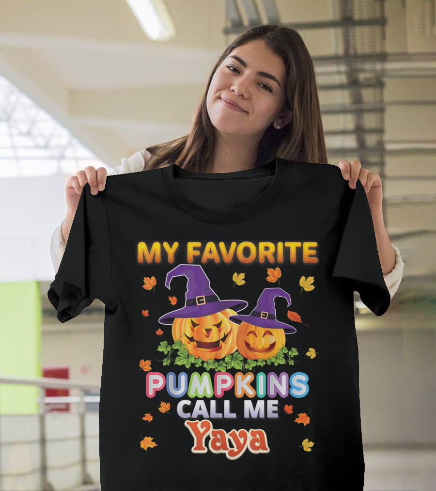 My Favorite Pumpkins Call Me Yaya Halloween Jack O' Lanterns With Witch Hats And Autumn Leaves T-Shirt