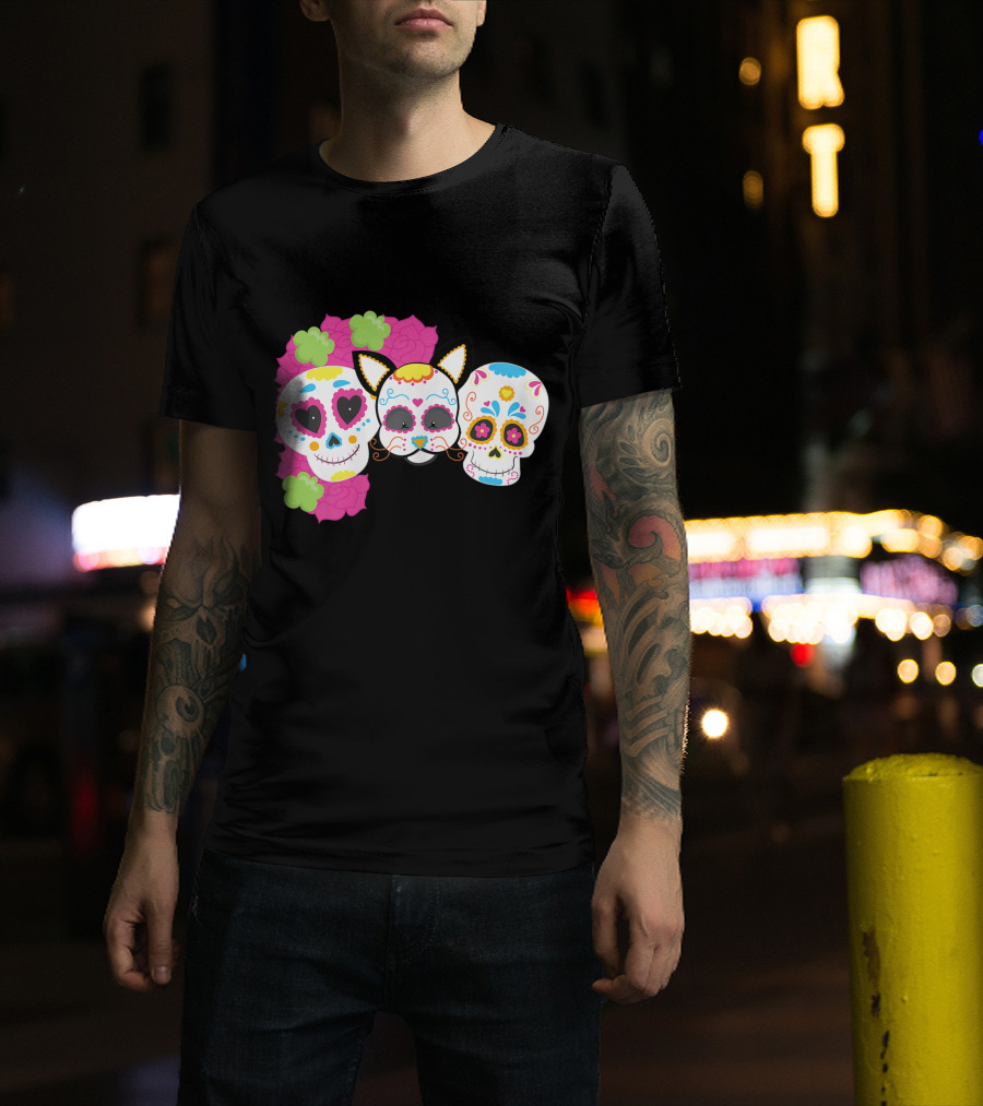 Sugar Skull Cat With Flowers Day Of Dead Floral Skulls T-Shirt