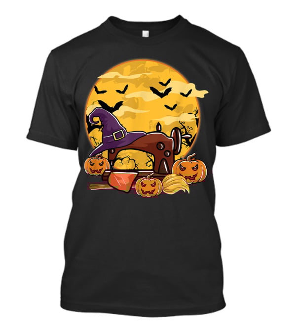 Spooky Sewing Machine With Halloween Pumpkins And Witch Hat In Full Moon Bat Swarm T-Shirt