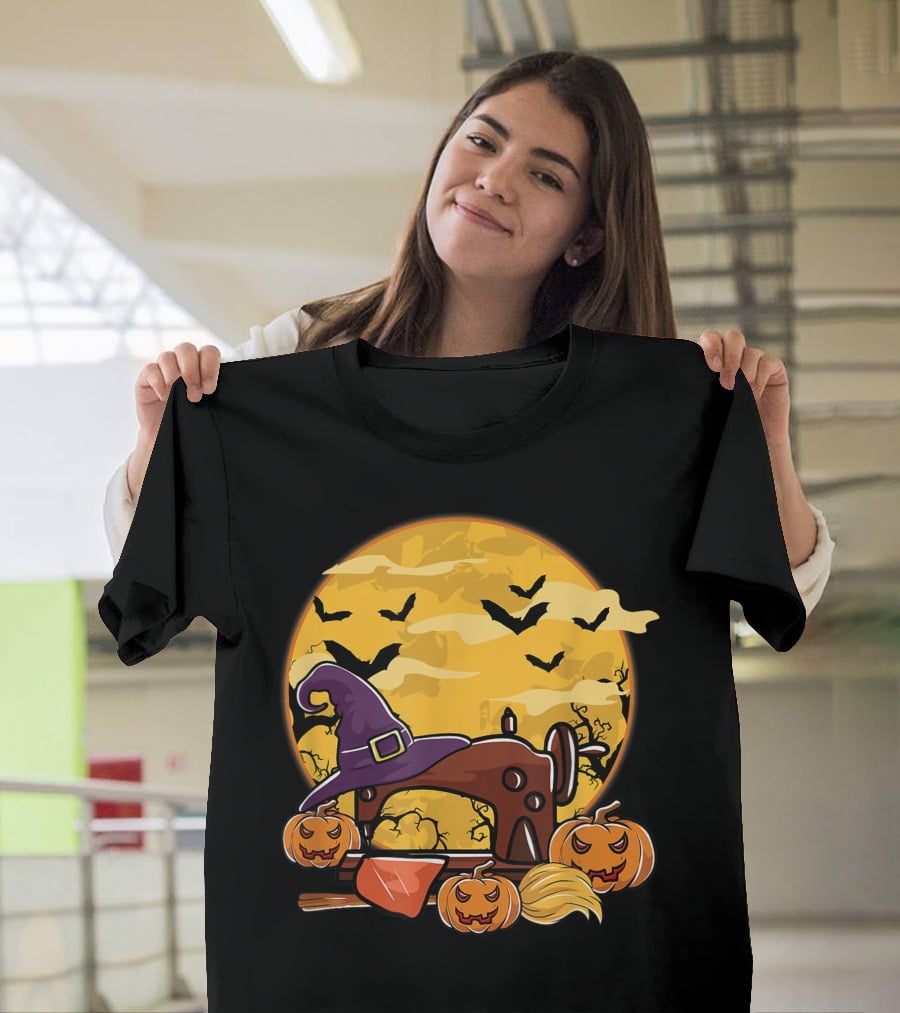 Spooky Sewing Machine With Halloween Pumpkins And Witch Hat In Full Moon Bat Swarm T-Shirt