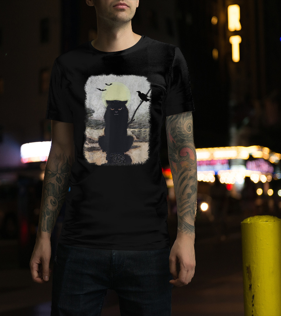 Moonlit Spooky Halloween Scary Black Cat With Bats And Crow T-Shirt