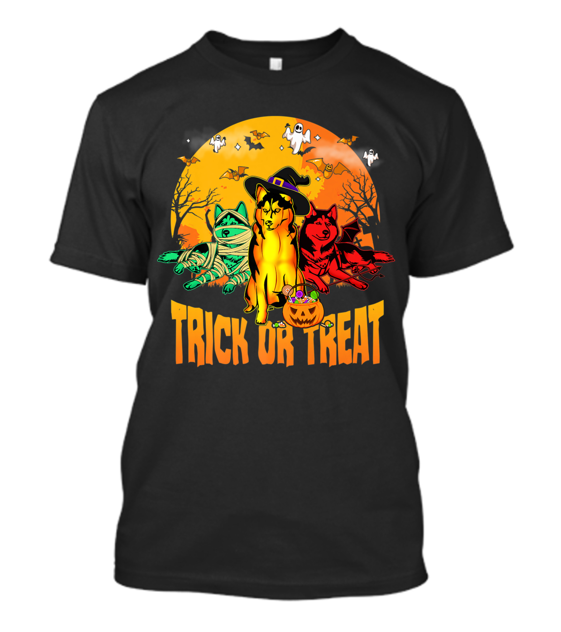 Trick Or Treat Siberian Husky Halloween Ghosts Pumpkins And Bats T-Shirt