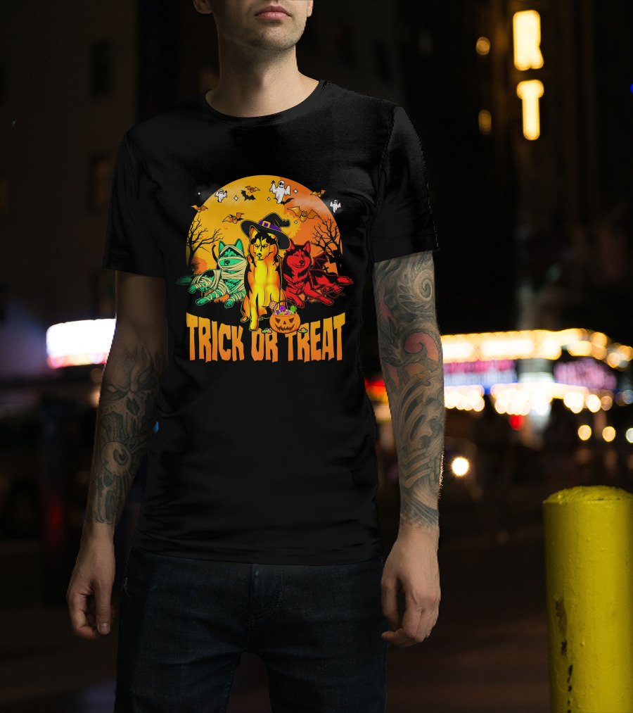 Trick Or Treat Siberian Husky Halloween Ghosts Pumpkins And Bats T-Shirt