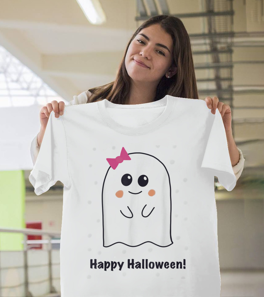 Happy Halloween Cute Ghost With Pink Bow T-Shirt