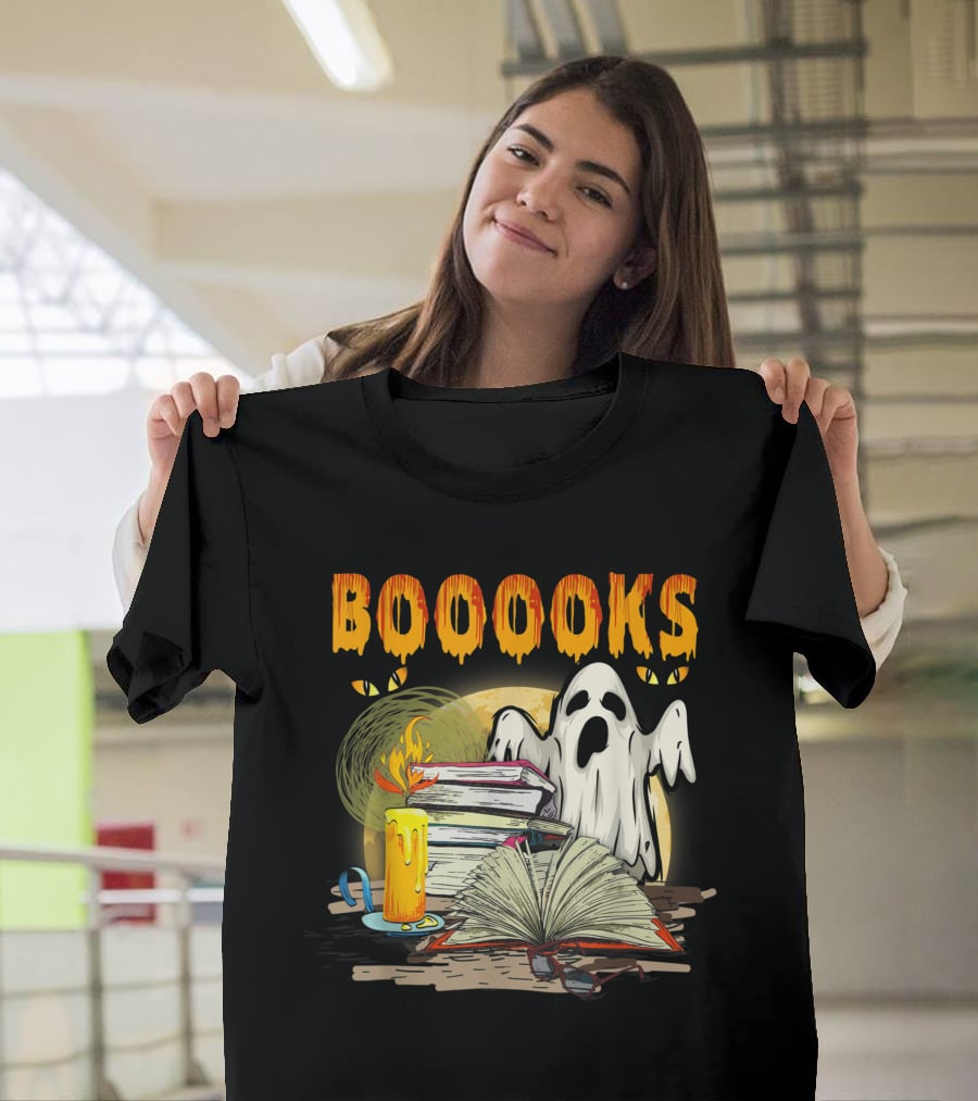 BOOOOKS Cute Ghost With Candles And Stacks Of Books T-Shirt