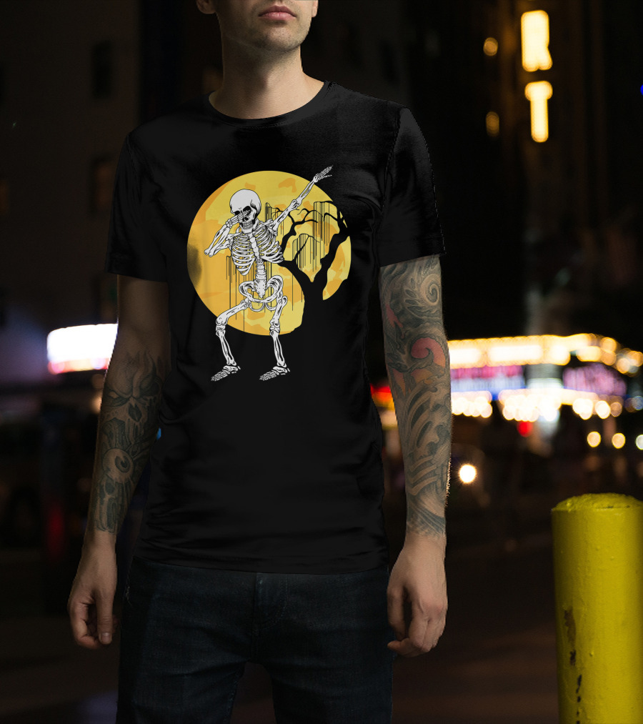 Dabbing Skeleton In Front Of Yellow Moon With Tree T-Shirt