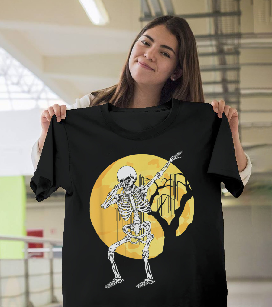 Dabbing Skeleton In Front Of Yellow Moon With Tree T-Shirt