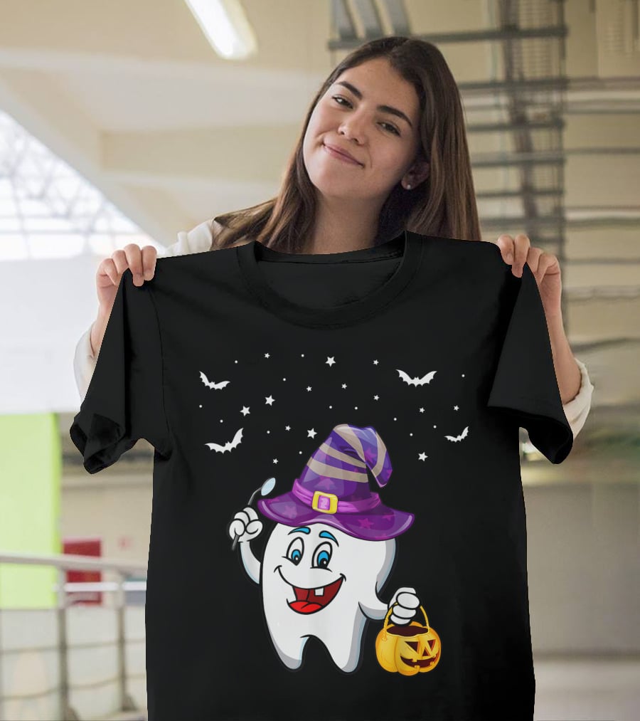 Dentist Halloween Tooth Witch Hat Pumpkin Dental Hygienist Dental Assistant T-Shirt