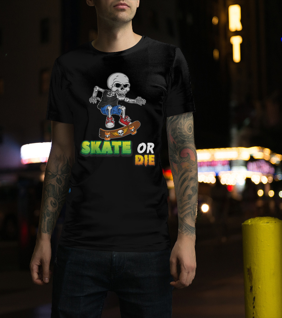 Skate Or Die Skeleton Skating Skull On Skateboard T-Shirt