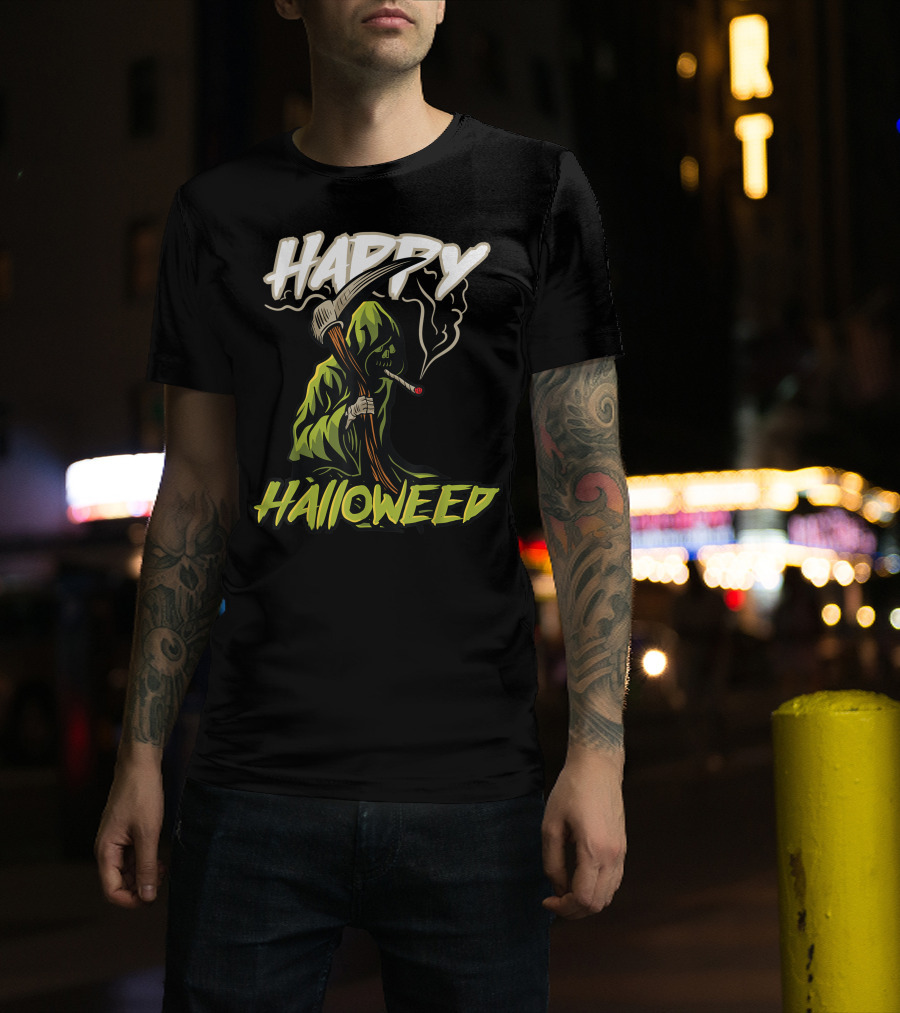 Happy Halloweed Grim Reaper Smoking Weed Cannabis T-Shirt
