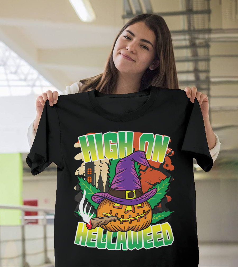 High On Hellaweed Pumpkin Smoking Weed THC Halloween Stoner T-Shirt