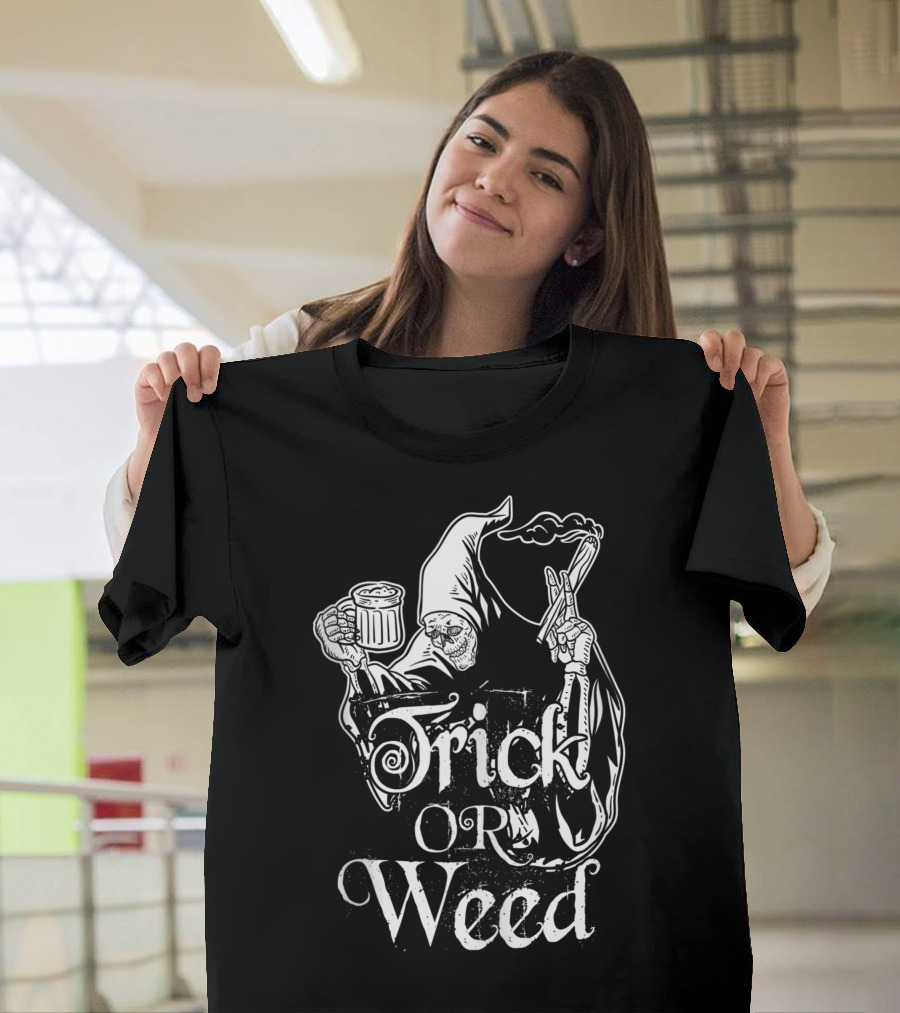 Trick or Weed Skeleton Grim Reaper Smoking Ganja T-Shirt
