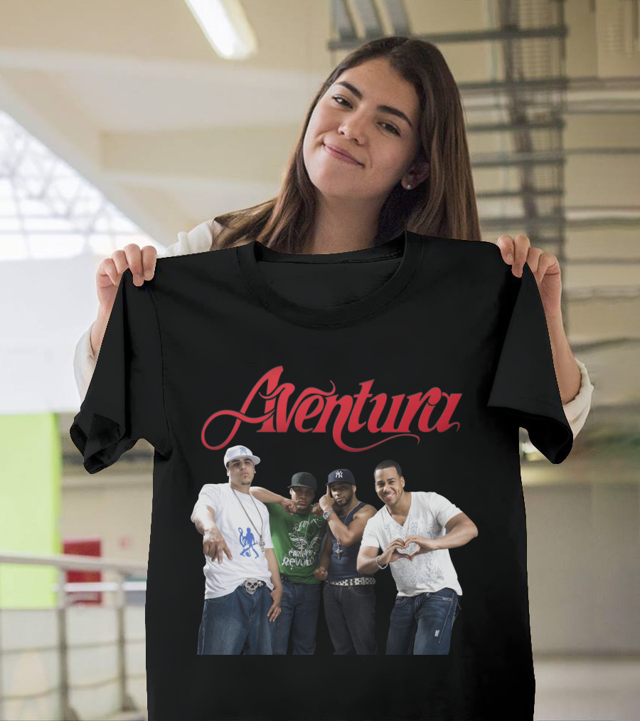 Aventura Band Red Script Logo Casual Group Photo T-Shirt