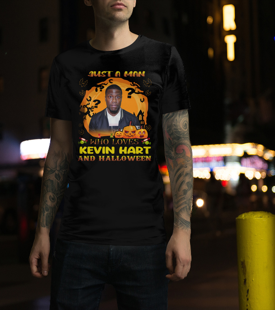 Just A Man Who Loves Kevin Hart And Halloween With Pumpkins And Bats T-Shirt