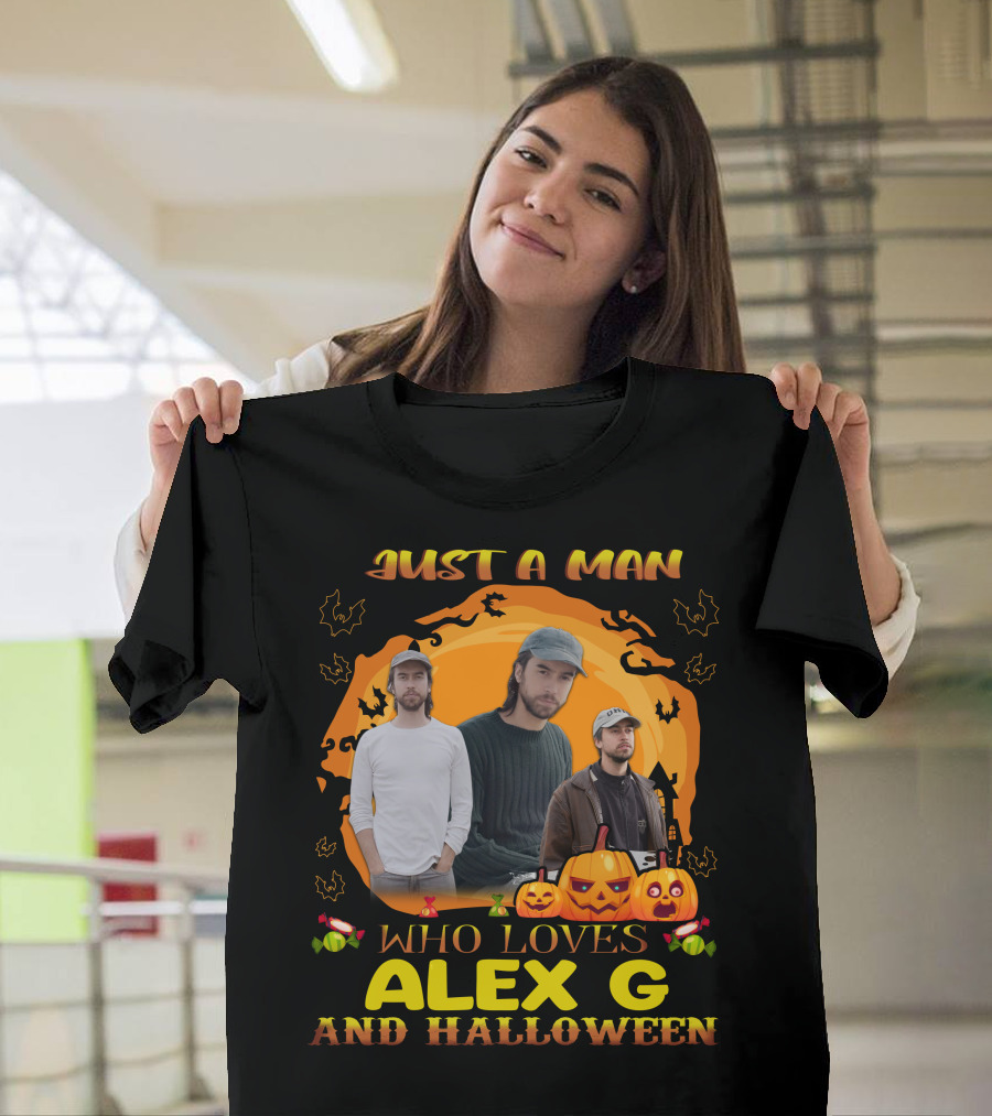 Just A Man Who Loves Alex G And Halloween Pumpkin Candy Bats Scene T-Shirt
