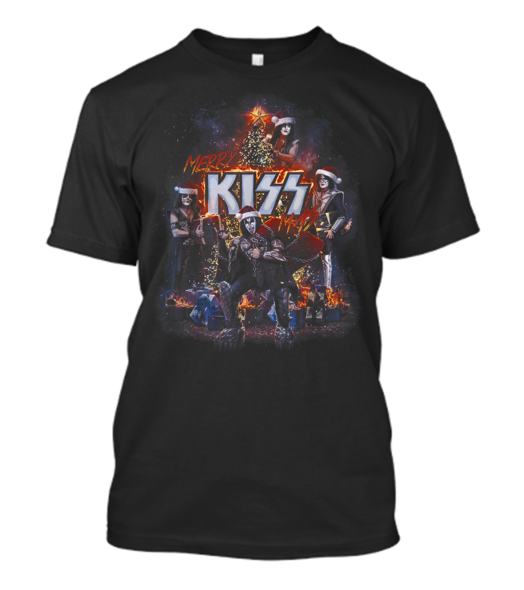 Merry KISSmas KISS Christmas Band Members With Santa Hats And Christmas Tree T-Shirt