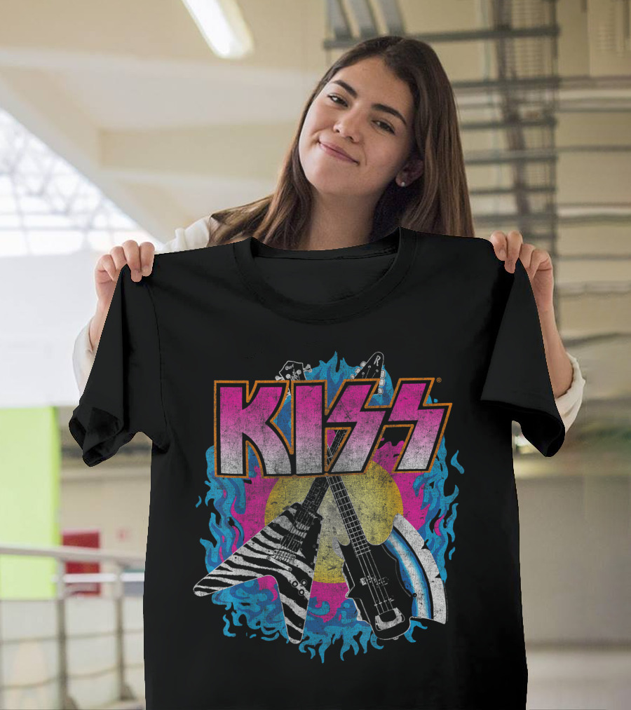 KISS Young Wasted Zebra Stripe Flying V And Bass With Flaming Background T-Shirt