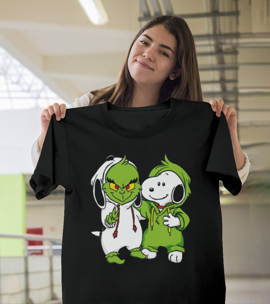 Grinch and Snoopy Christmas Crossover Characters in Festive Hoodies T-Shirt