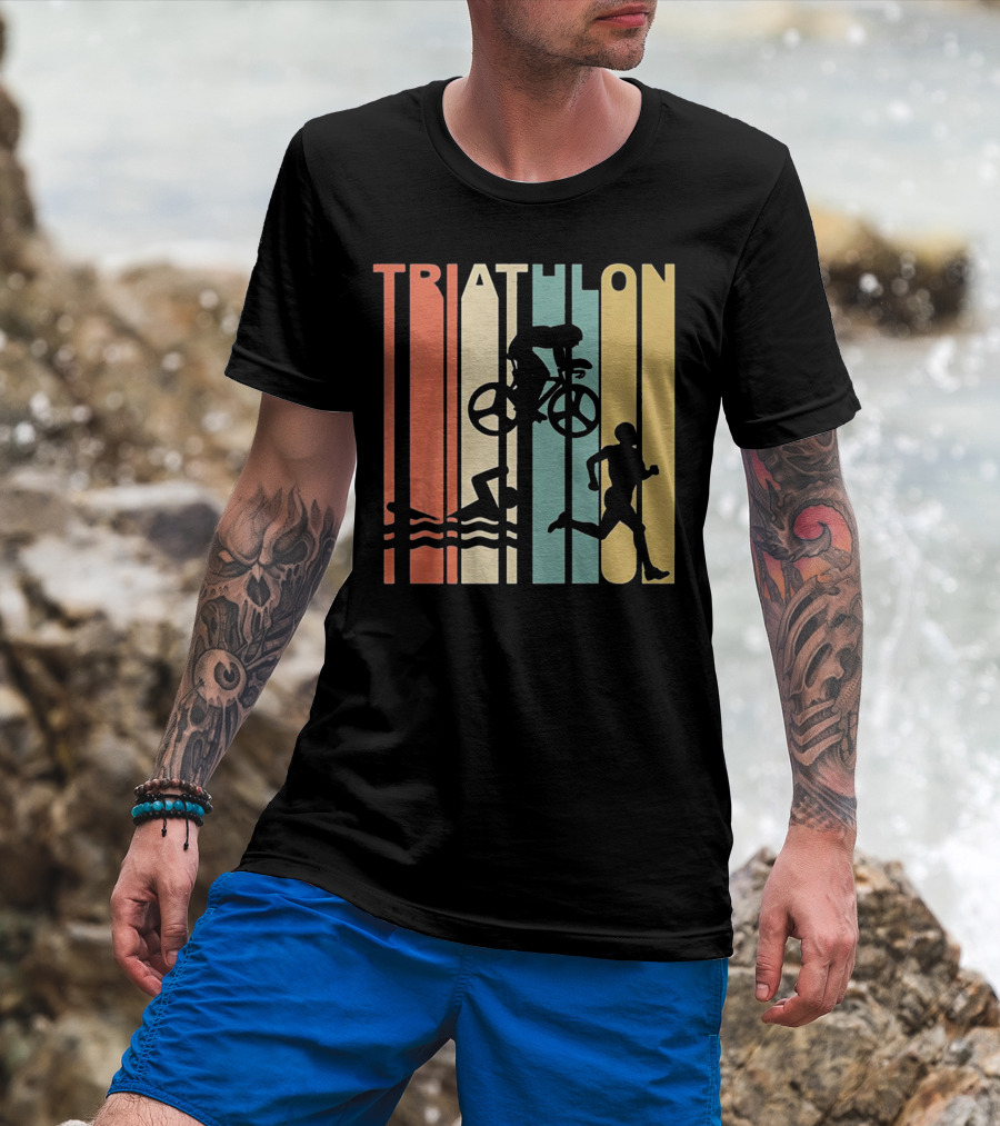 Vintage Triathlon Swimming Cycling Running Silhouettes Retro Stripes T-Shirt