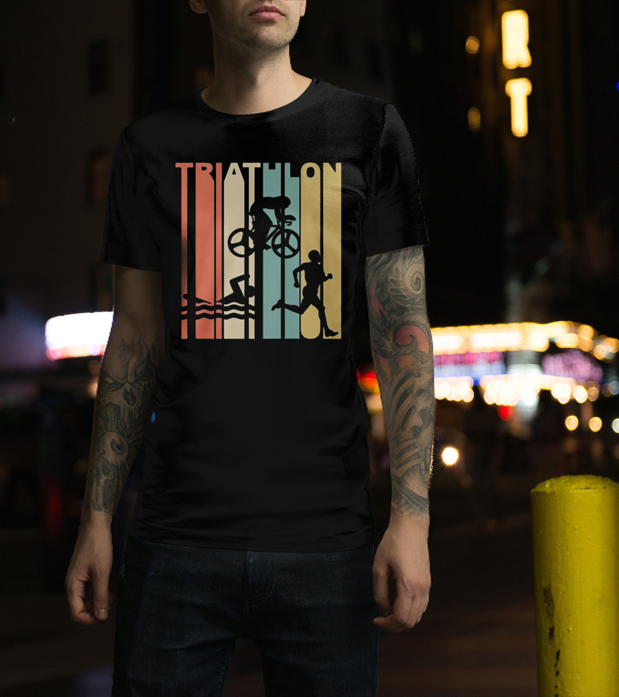 Vintage Triathlon Swimming Cycling Running Silhouettes Retro Stripes T-Shirt