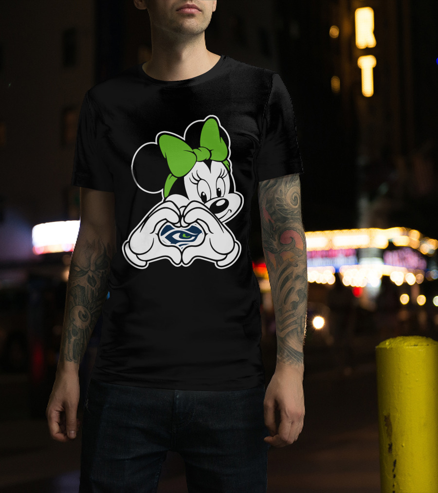 Seattle Seahawks Minnie Mouse Heart Hands Green Bow T-Shirt