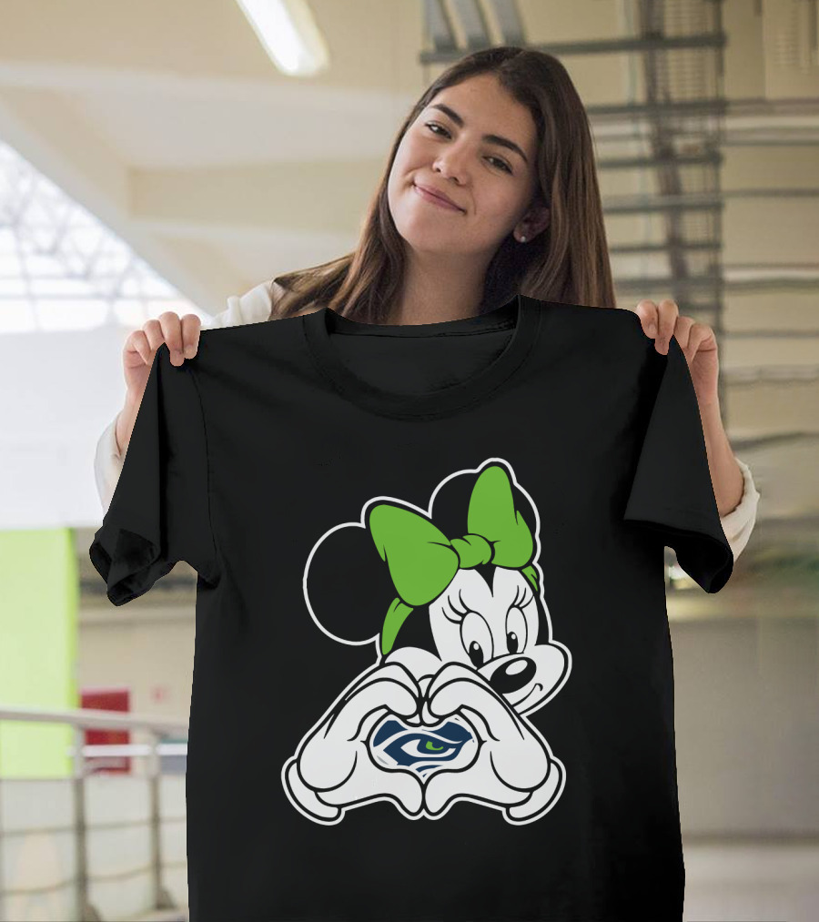 Seattle Seahawks Minnie Mouse Heart Hands Green Bow T-Shirt