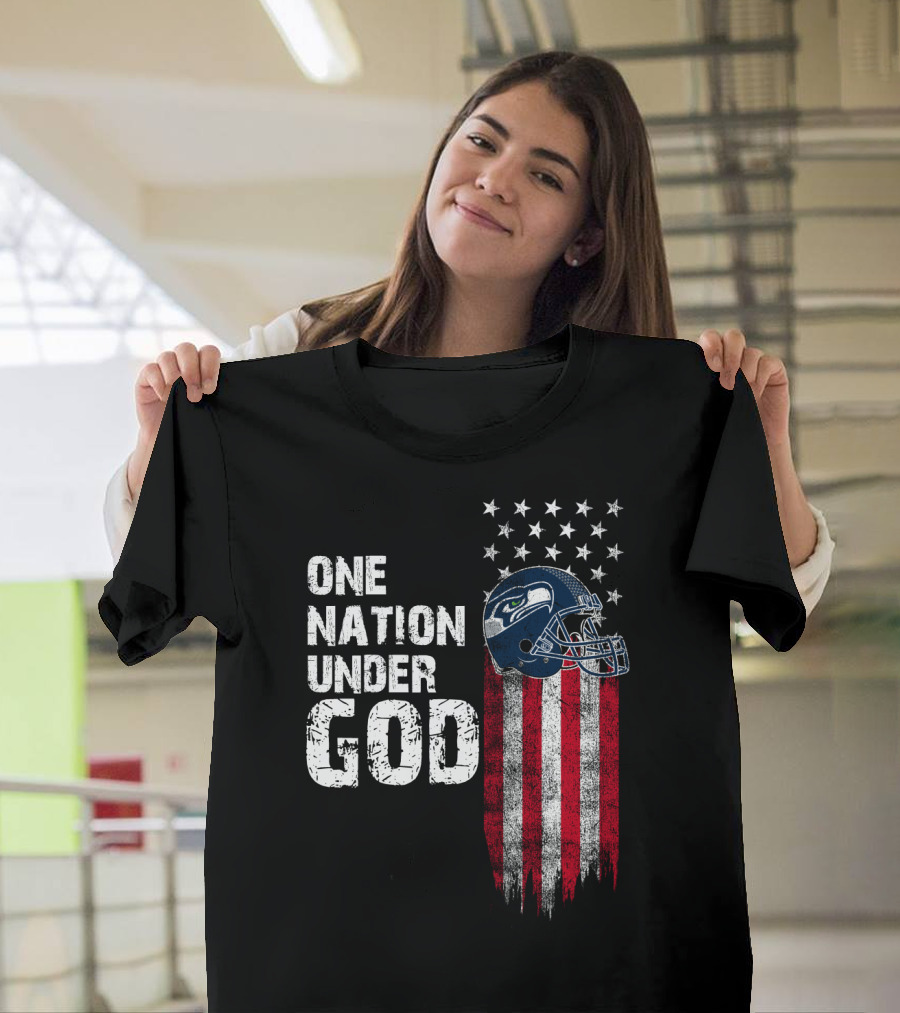 One Nation Under God Seattle Seahawks American Flag Football Helmet T-Shirt