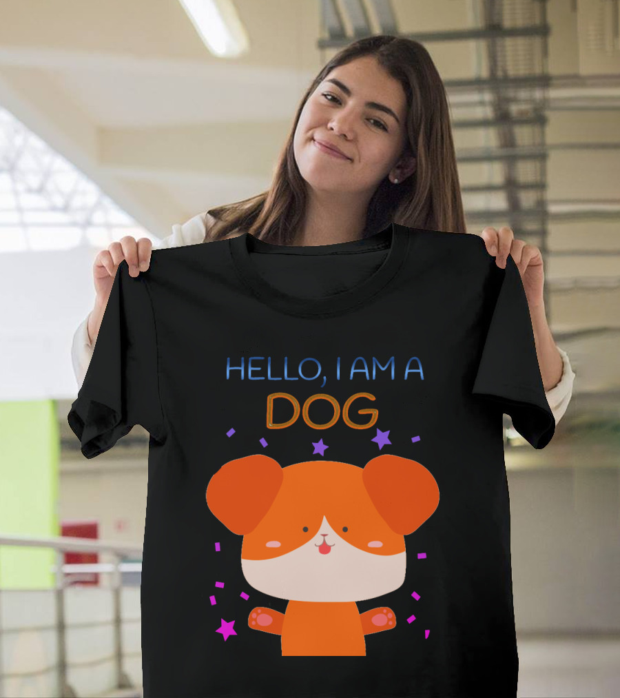 Hello I Am A Dog Cartoon with Colorful Confetti and Stars T-Shirt