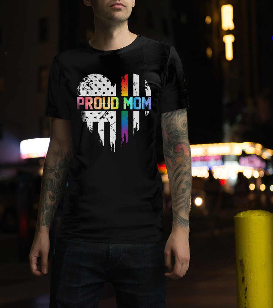 Proud Mom Rainbow Heart With American T-Shirt