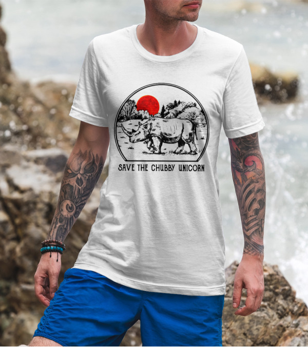 Save The Chubby Unicorn Rhino Illustration With Red Sun And Landscape T-Shirt