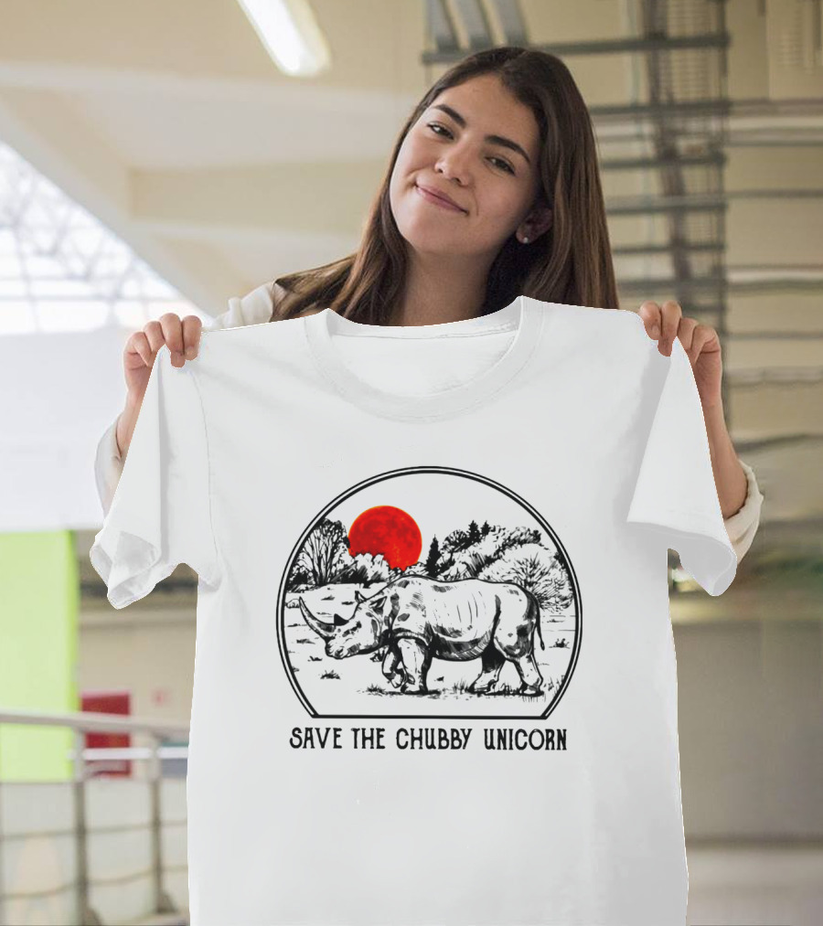 Save The Chubby Unicorn Rhino Illustration with Red Sun and Landscape T-Shirt
