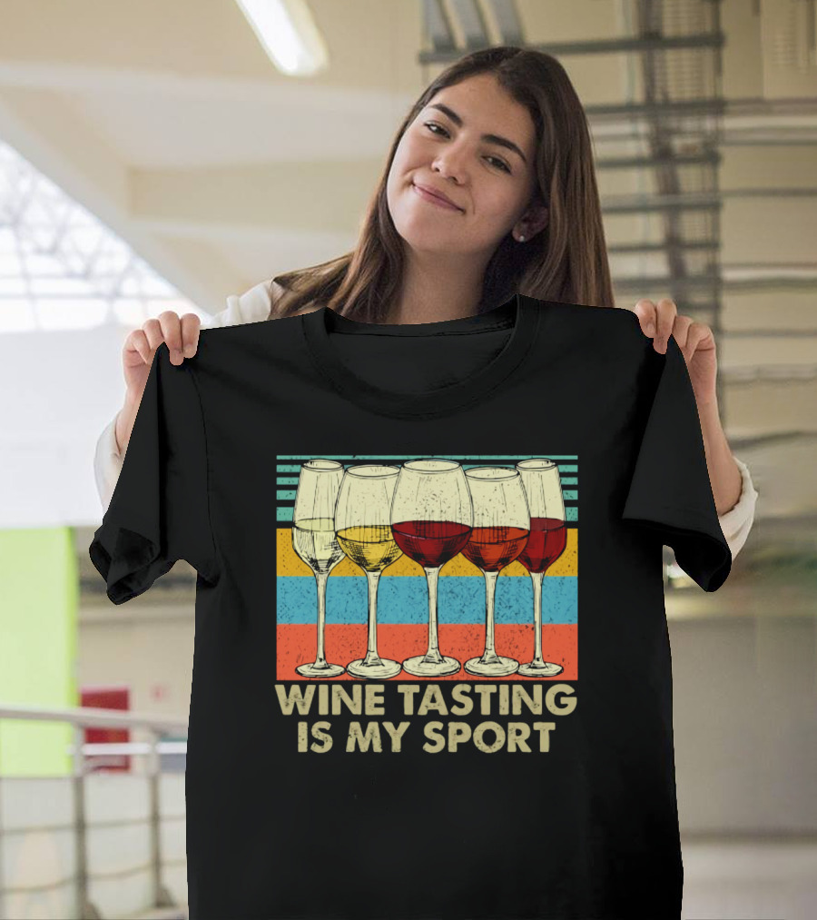 Wine Tasting Is My Sport Retro Wine Glasses On Colorful Stripes T-Shirt