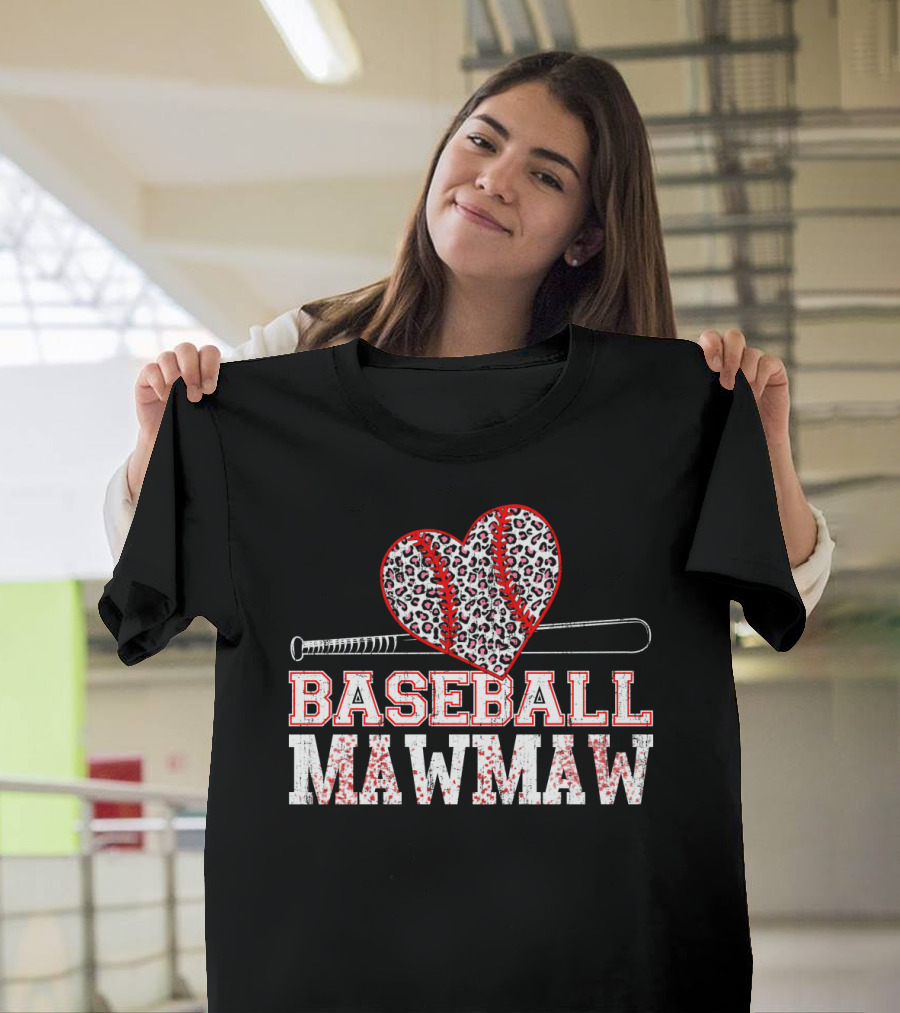 Baseball Mawmaw Leopard Print Heart with Bat T-Shirt
